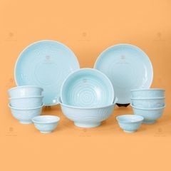 Bộ Bát Đĩa Men Xanh Ngọc Vân Hoa Cúc